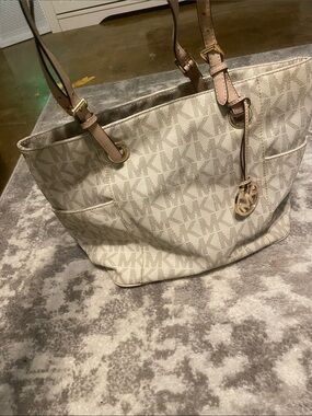 Michael Kors Cream MK Logo Tote with Tan Straps * has one little black line